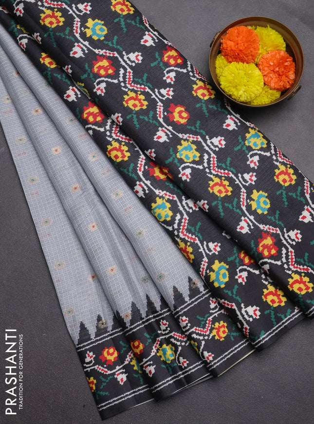 Art kota saree pastel grey and dark grey with allover zari woven buttas and temple design ikat printed border