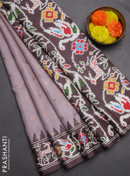 Art kota saree pastel pink shade and coffee brown with allover zari woven buttas and temple design ikat printed border