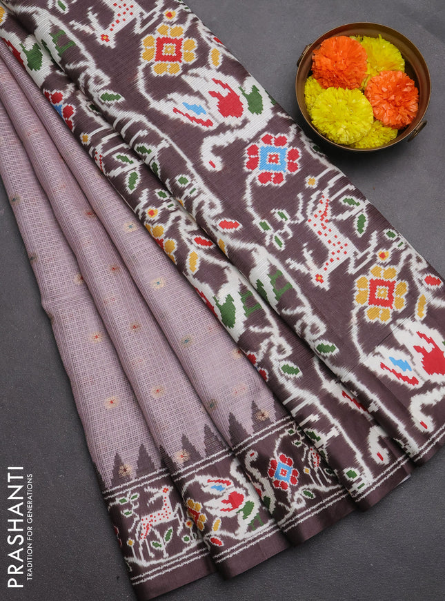 Art kota saree pastel pink shade and coffee brown with allover zari woven buttas and temple design ikat printed border