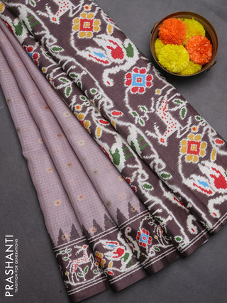 Art kota saree pastel pink shade and coffee brown with allover zari woven buttas and temple design ikat printed border