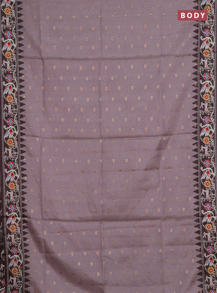 Art kota saree pastel pink shade and coffee brown with allover zari woven buttas and temple design ikat printed border