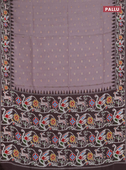 Art kota saree pastel pink shade and coffee brown with allover zari woven buttas and temple design ikat printed border