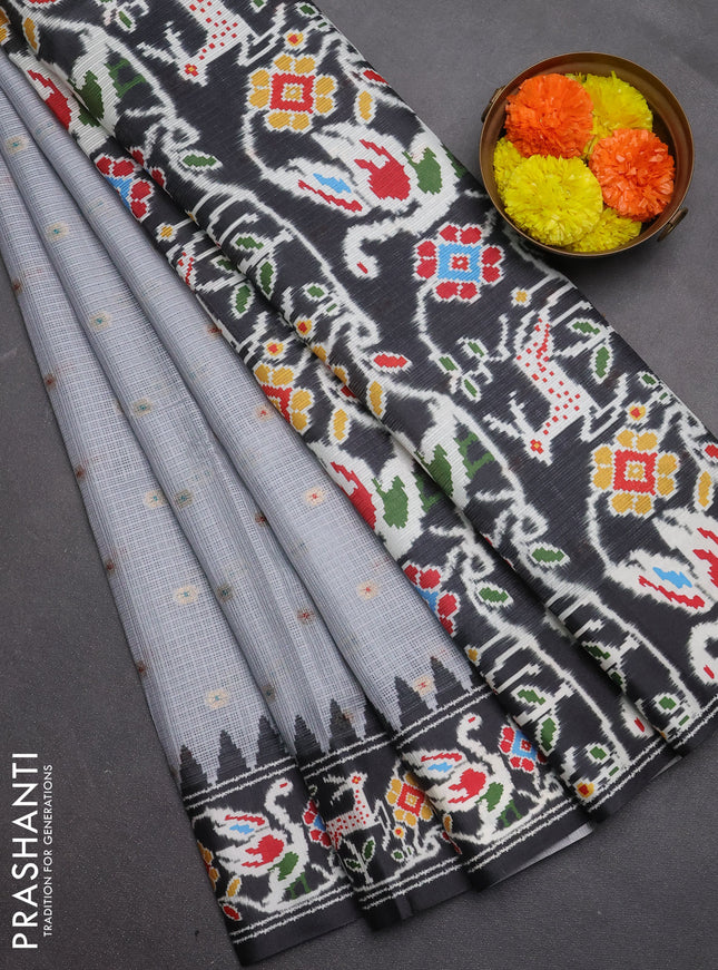 Art kota saree pastel grey and dark grey with allover zari woven buttas and temple design ikat printed border