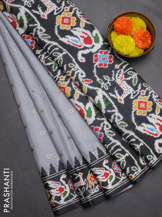 Art kota saree pastel grey and dark grey with allover zari woven buttas and temple design ikat printed border