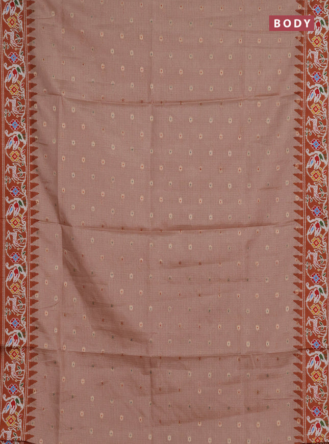 Art kota saree pastel orange and rustic orange with allover zari woven buttas and temple design ikat printed border