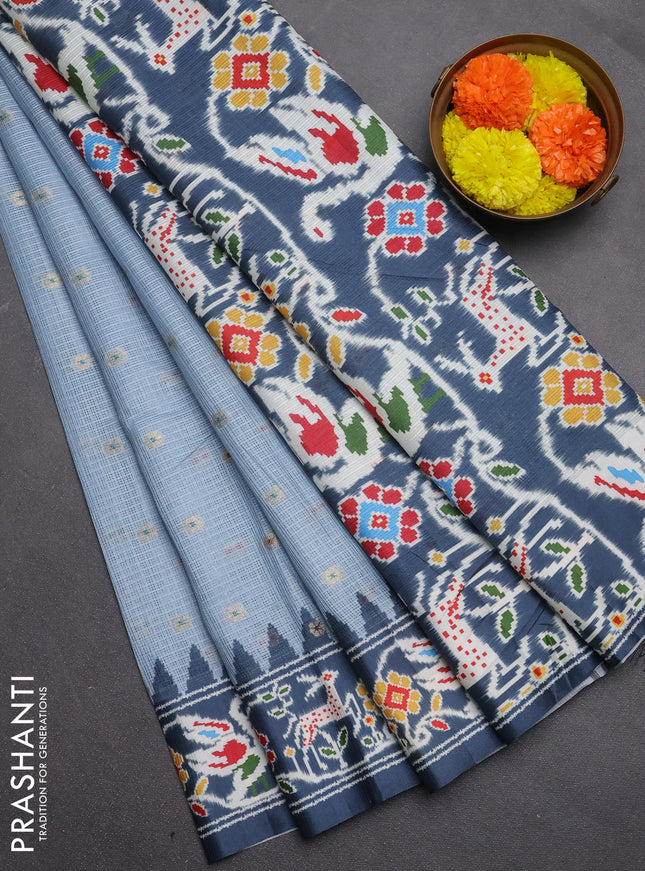 Art kota saree pastel grey and dark grey with allover zari woven buttas and temple design ikat printed border
