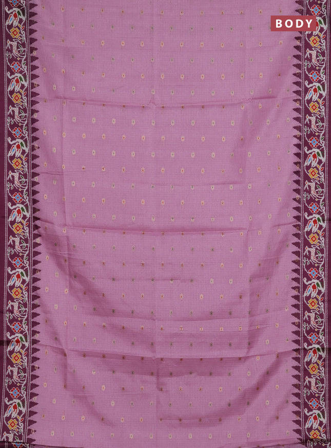 Art kota saree lotus pink and wine shade with allover zari woven buttas and temple design ikat printed border