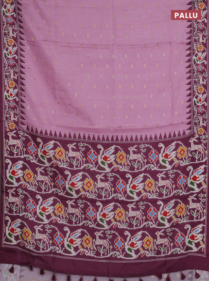 Art kota saree lotus pink and wine shade with allover zari woven buttas and temple design ikat printed border
