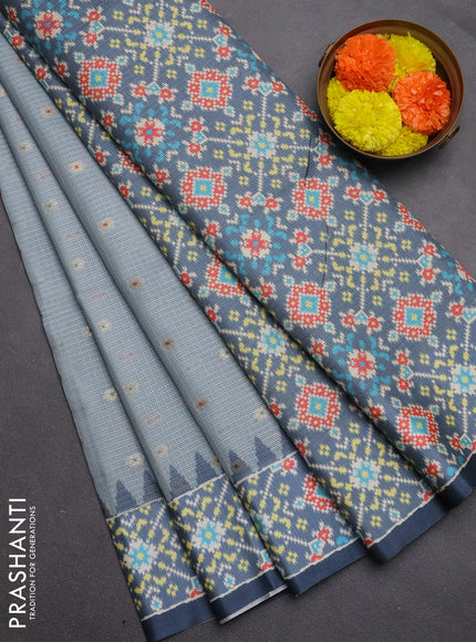 Art kota saree pastel grey and grey with allover zari woven buttas and temple design ikat printed border