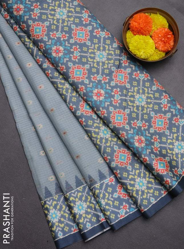 Art kota saree pastel grey and grey with allover zari woven buttas and temple design ikat printed border