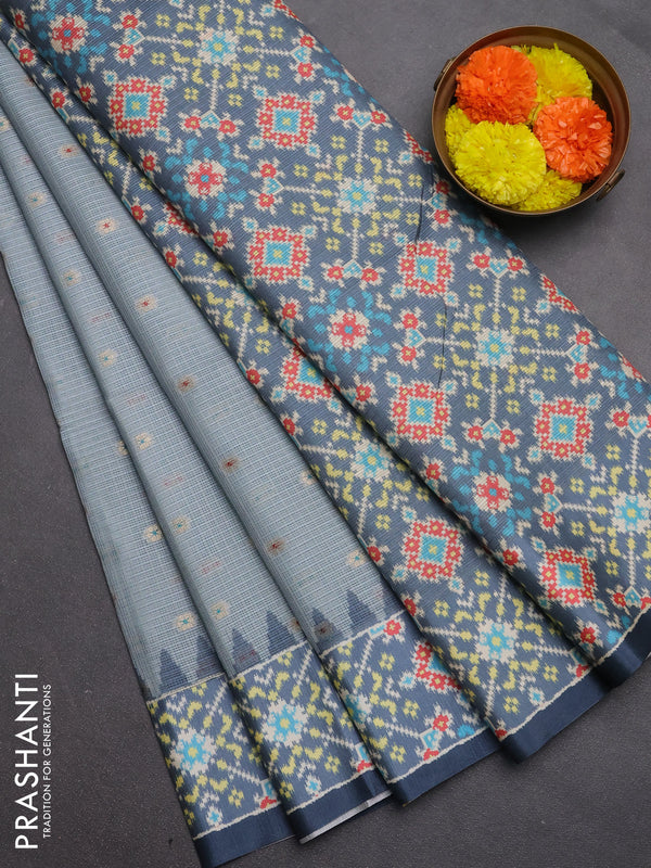 Art kota saree pastel grey and grey with allover zari woven buttas and temple design ikat printed border