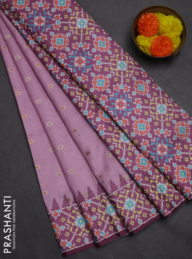 Art kota saree lighy pink and wine shade with allover zari woven buttas and temple design ikat printed border