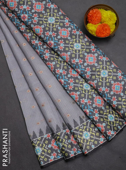 Art kota saree pastel grey and dark grey with allover zari woven buttas and temple design ikat printed border