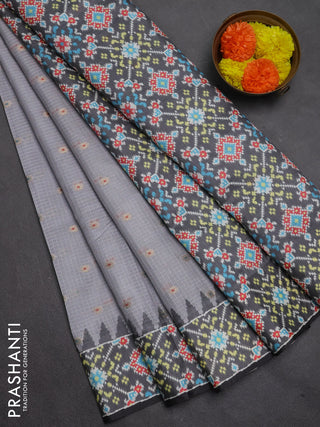 Art kota saree pastel grey and dark grey with allover zari woven buttas and temple design ikat printed border