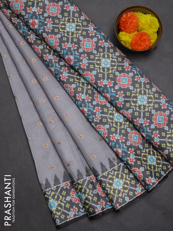 Art kota saree pastel grey and dark grey with allover zari woven buttas and temple design ikat printed border