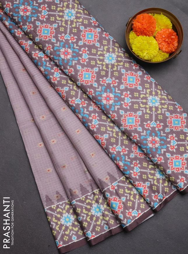 Art kota saree pastel pink shade and coffee brown with allover zari woven buttas and temple design ikat printed border