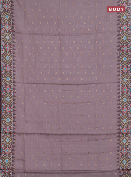 Art kota saree pastel pink shade and coffee brown with allover zari woven buttas and temple design ikat printed border