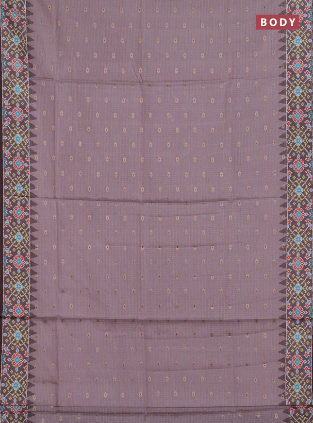 Art kota saree pastel pink shade and coffee brown with allover zari woven buttas and temple design ikat printed border
