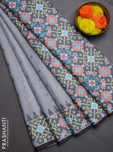 Art kota saree pastel grey and dark grey with allover zari woven buttas and temple design ikat printed border