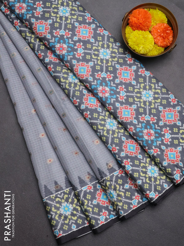 Art kota saree pastel grey and dark grey with allover zari woven buttas and temple design ikat printed border