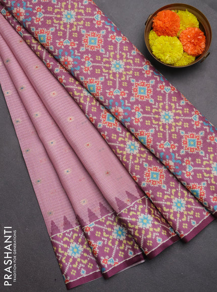 Art kota saree peach pink and magenta pink with allover zari woven buttas and temple design ikat printed border