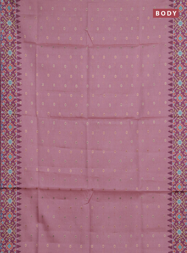 Art kota saree peach pink and magenta pink with allover zari woven buttas and temple design ikat printed border