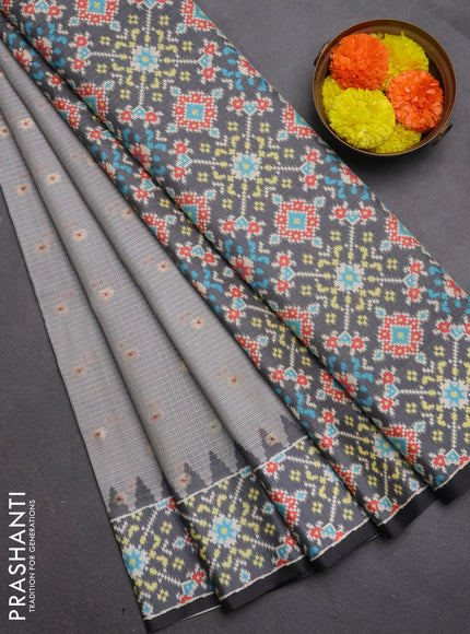 Art kota saree pastel grey and dark grey with allover zari woven buttas and temple design ikat printed border