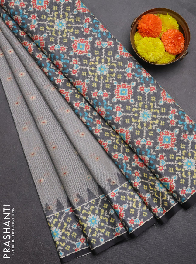 Art kota saree pastel grey and dark grey with allover zari woven buttas and temple design ikat printed border
