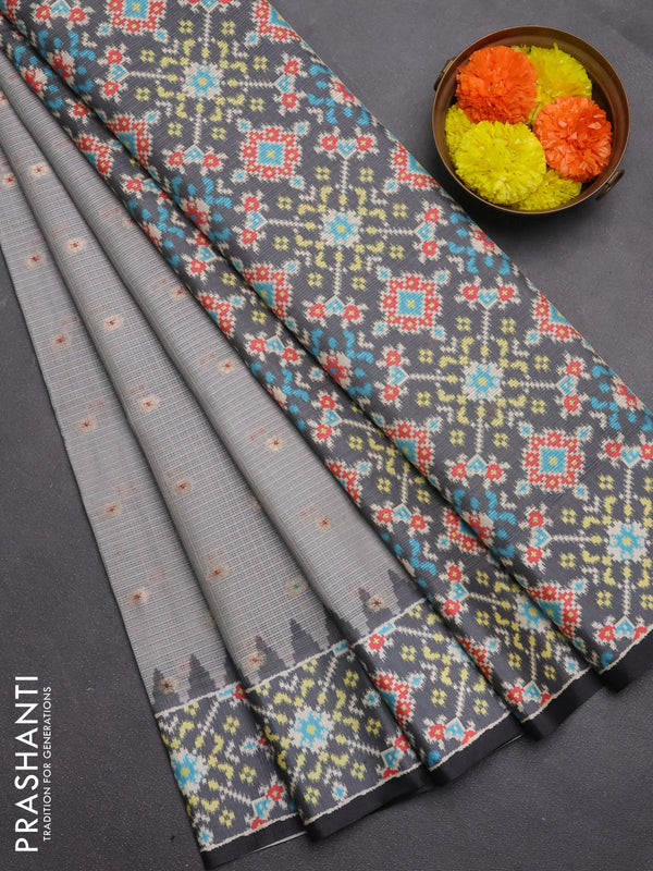 Art kota saree pastel grey and dark grey with allover zari woven buttas and temple design ikat printed border