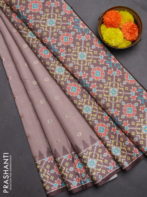 Art kota saree pastel pink shade and coffee brown with allover zari woven buttas and temple design ikat printed border