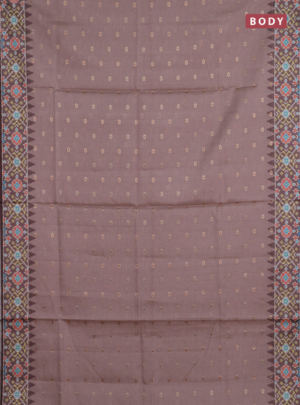 Art kota saree pastel pink shade and coffee brown with allover zari woven buttas and temple design ikat printed border