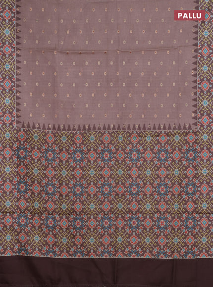 Art kota saree pastel pink shade and coffee brown with allover zari woven buttas and temple design ikat printed border