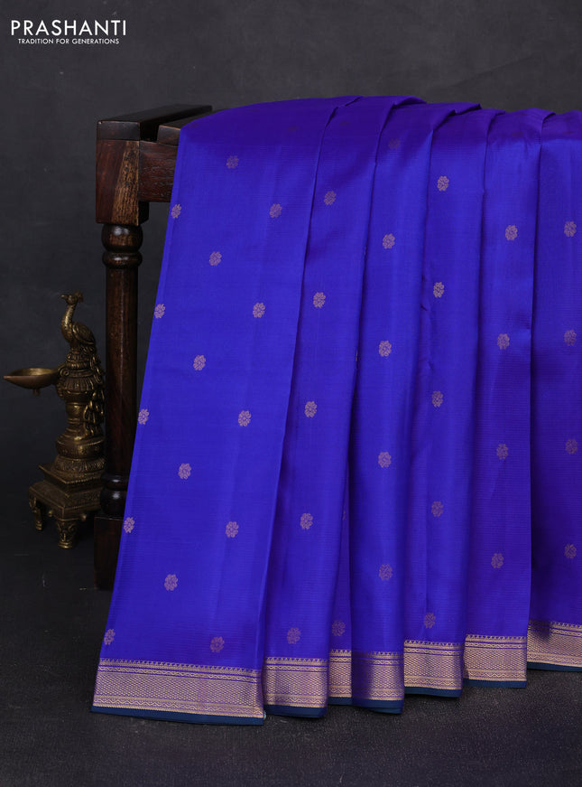 Pure kanchipuram silk saree royal blue and green with allover zari woven buttas and small zari woven border