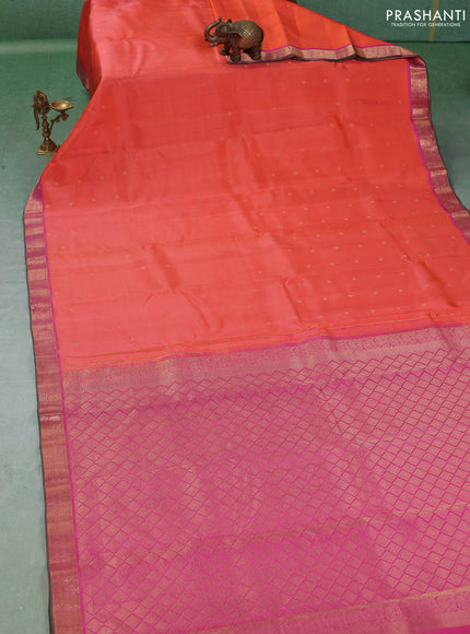 Pure kanchipuram silk saree peach orange and pink with allover zari woven buttas and small zari woven border