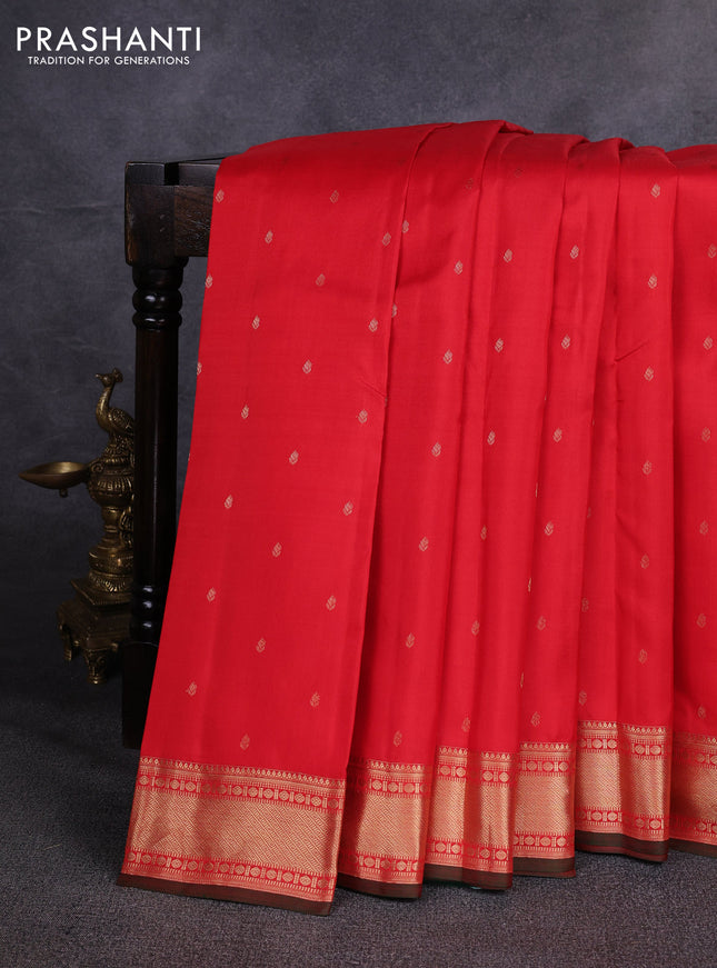Pure kanchipuram silk saree red and green with allover zari woven buttas and zari woven border