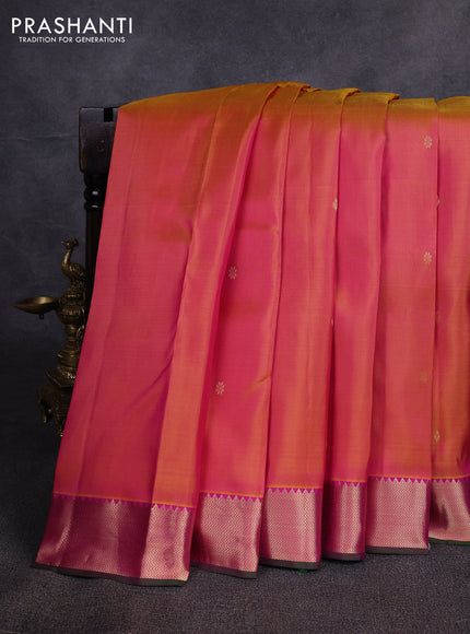 Pure kanchipuram silk saree dual shade of pinkish yellow and pink with zari woven buttas and zari woven border