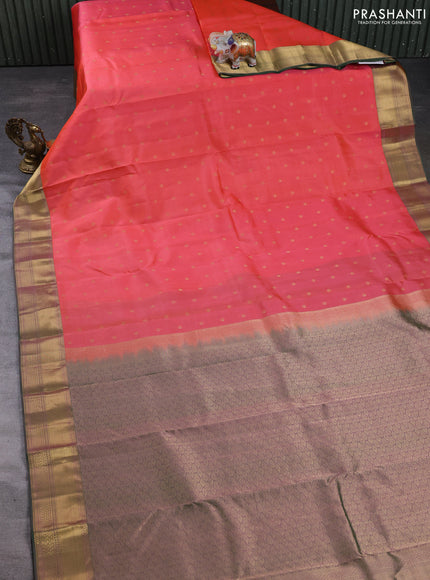 Pure kanchipuram silk saree peach orange with allover zari woven buttas and zari woven border
