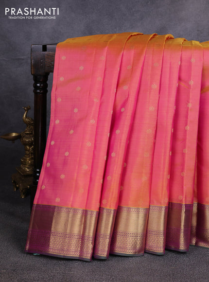 Pure kanchipuram silk saree dual shade of pinkish yellow and green with allover zari woven buttas and zari woven border