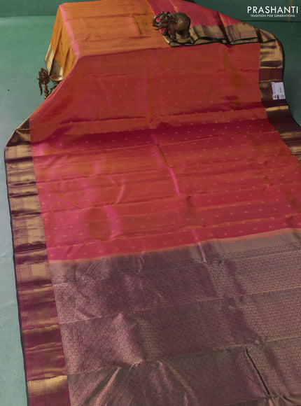Pure kanchipuram silk saree dual shade of pinkish yellow and green with allover zari woven buttas and zari woven border