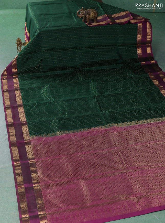 Pure kanchipuram silk saree bottle green and magenta pink with allover zari weaves & buttas and rettapet zari woven border