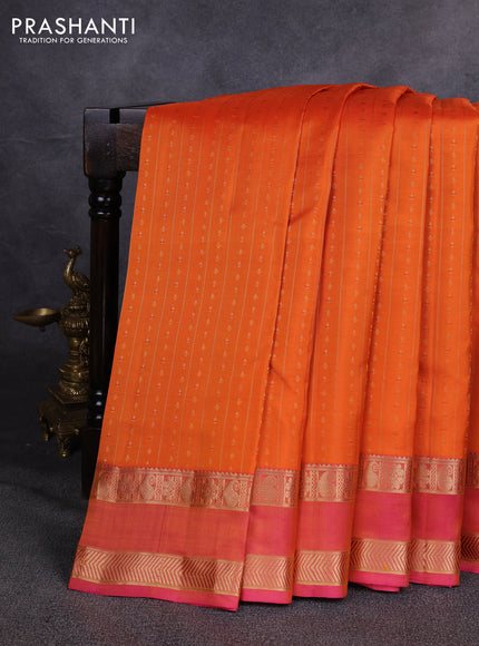 Pure kanchipuram silk saree orange and pink with allover zari weaves & buttas and rettapet zari woven border