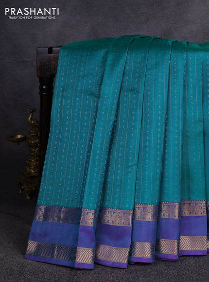Pure kanchipuram silk saree teal green and purple with allover zari weaves & buttas and rettapet zari woven border