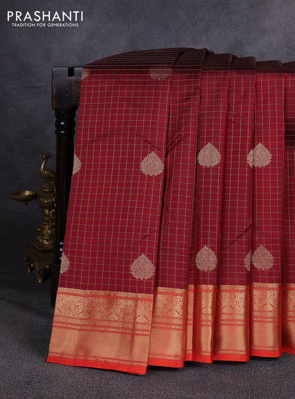 Pure kanchipuram silk saree maroon and orange with allover zari checks & buttas and zari woven border