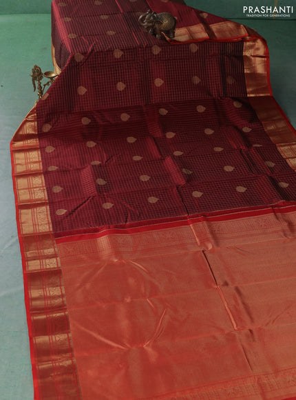 Pure kanchipuram silk saree maroon and orange with allover zari checks & buttas and zari woven border