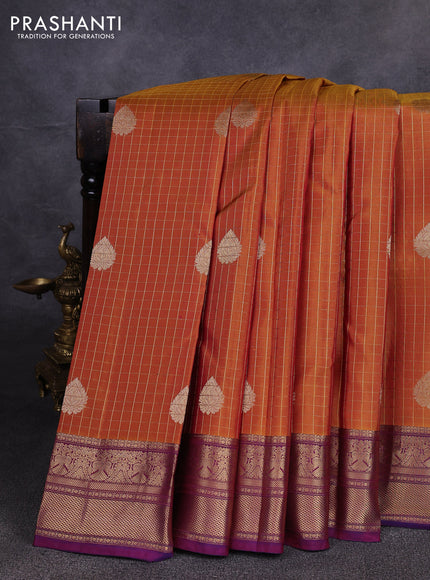 Pure kanchipuram silk saree mustard yellow and magenta pink with allover zari checks & buttas and zari woven border