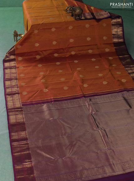 Pure kanchipuram silk saree mustard yellow and magenta pink with allover zari checks & buttas and zari woven border