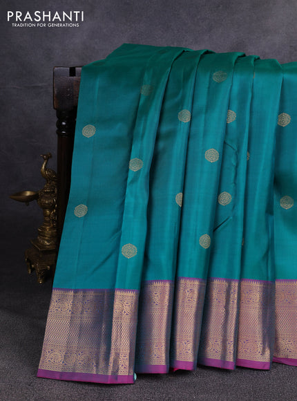 Pure kanchipuram silk saree teal green and purple with zari woven buttas and zari woven border