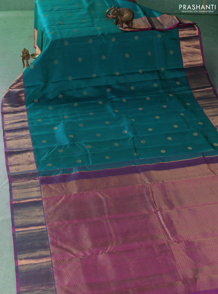 Pure kanchipuram silk saree teal green and purple with zari woven buttas and zari woven border