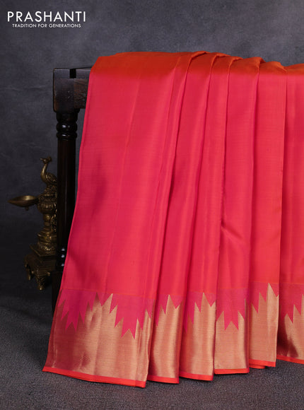 Pure kanchipuram silk saree orange with plain body and temple design zari woven border