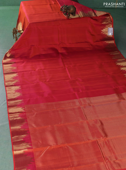 Pure kanchipuram silk saree orange with plain body and temple design zari woven border